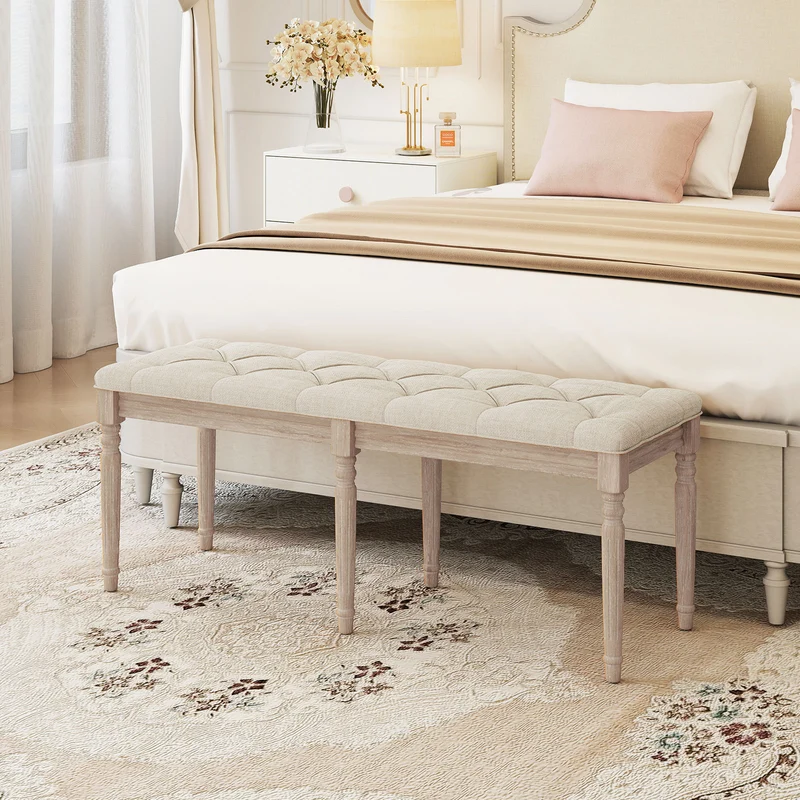 47.5 Inch Upholstered Bench with Carved Rubber Wood Legs and Padded Seat, Beige