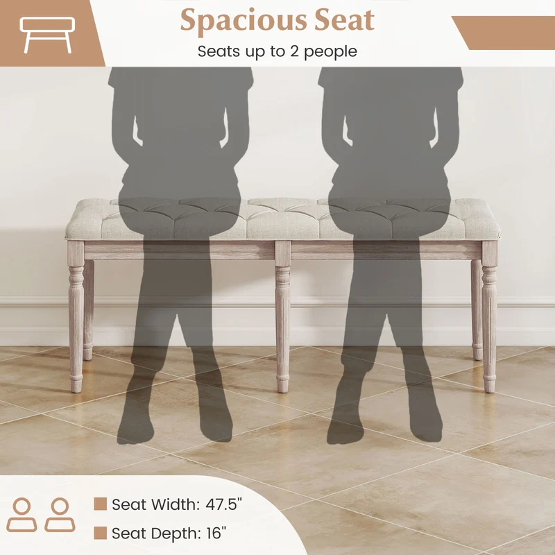 47.5 Inch Upholstered Bench with Carved Rubber Wood Legs and Padded Seat, Beige