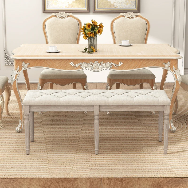 47.5 Inch Upholstered Bench with Carved Rubber Wood Legs and Padded Seat, Beige