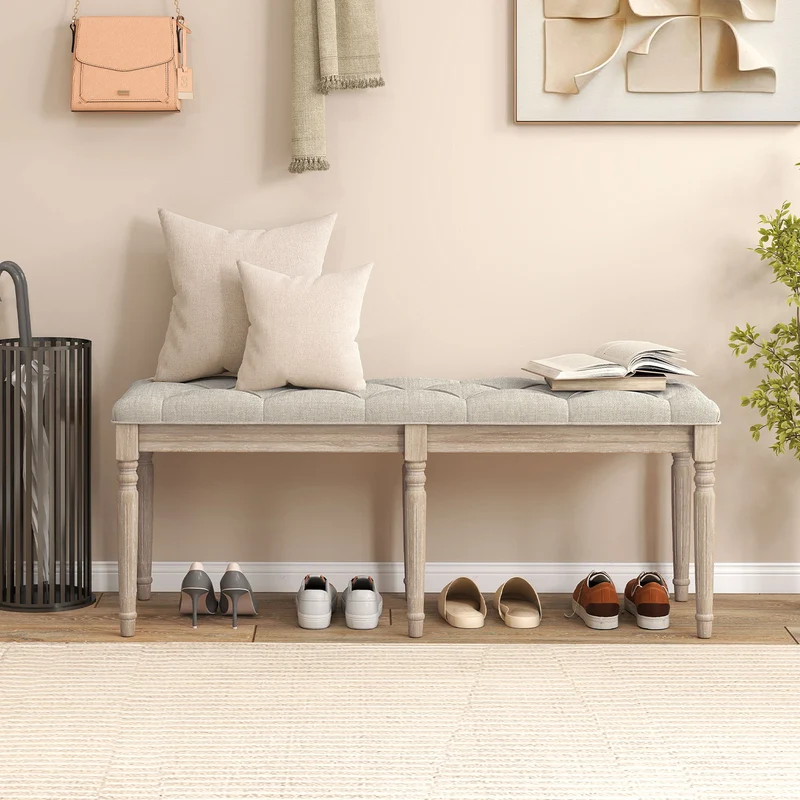 47.5 Inch Upholstered Bench with Carved Rubber Wood Legs and Padded Seat, Beige