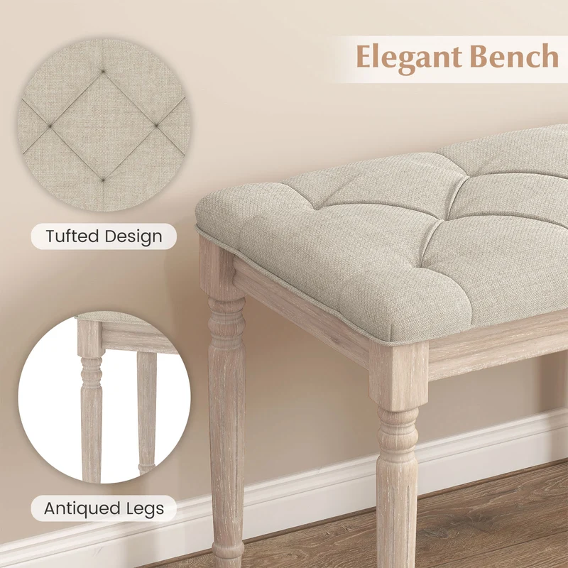 47.5 Inch Upholstered Bench with Carved Rubber Wood Legs and Padded Seat, Beige