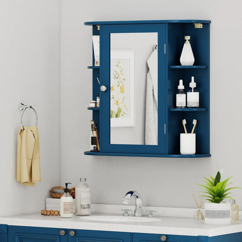 Wall-Mounted Bathroom Mirror Cabinet with Storage Shelves, Blue