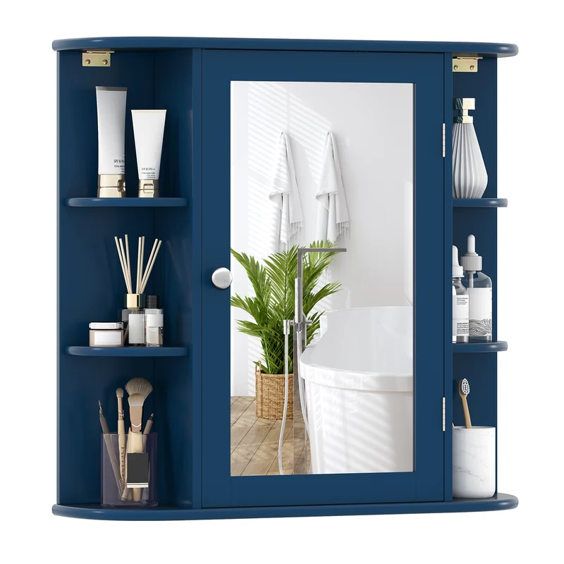 Wall-Mounted Bathroom Mirror Cabinet with Storage Shelves, Blue