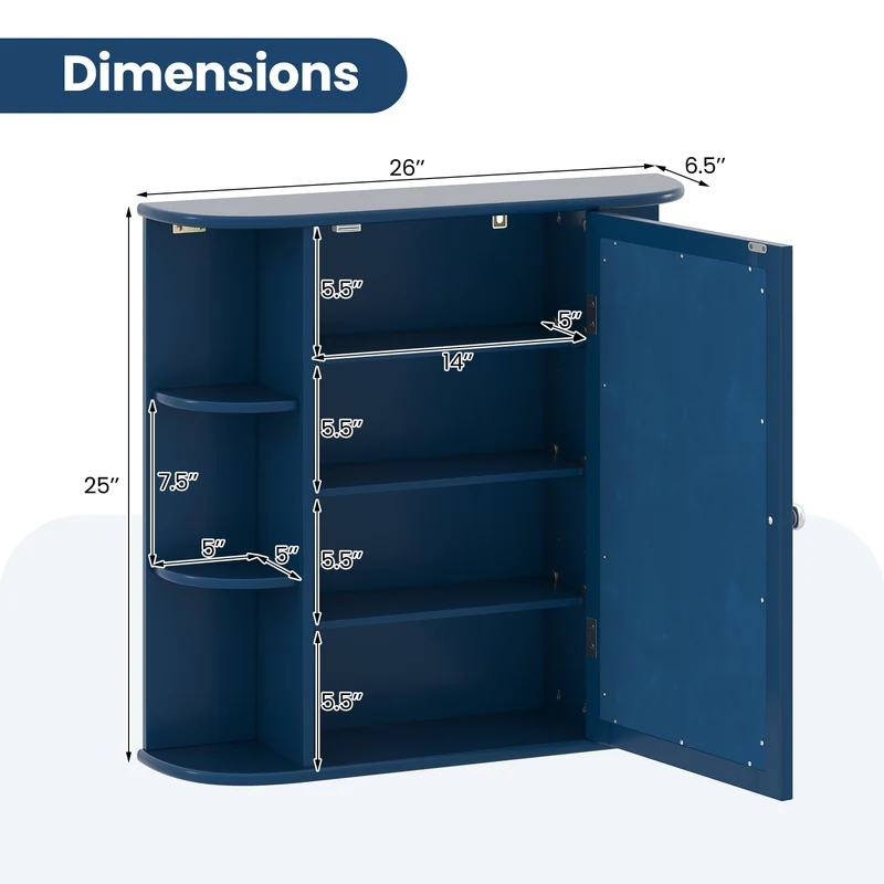 Wall-Mounted Bathroom Mirror Cabinet with Storage Shelves, Blue