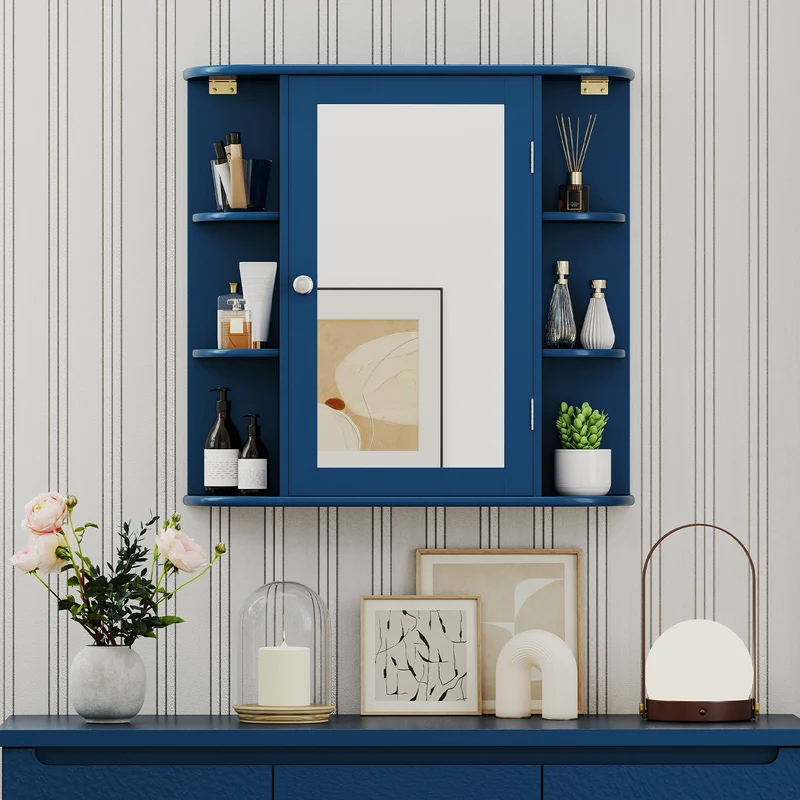 Wall-Mounted Bathroom Mirror Cabinet with Storage Shelves, Blue