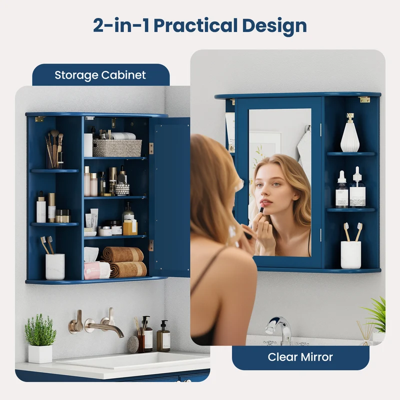 Wall-Mounted Bathroom Mirror Cabinet with Storage Shelves, Blue
