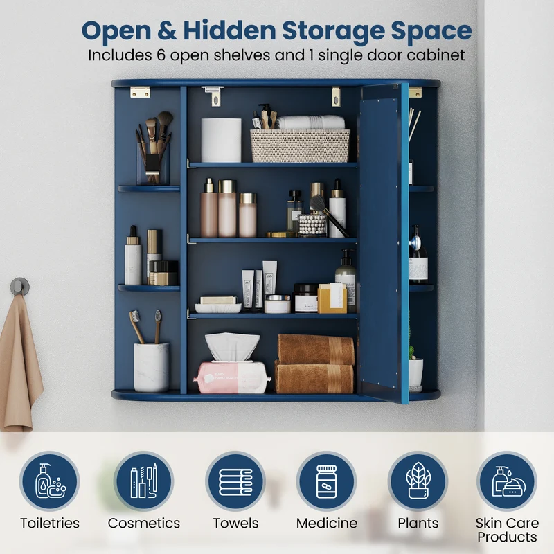 Wall-Mounted Bathroom Mirror Cabinet with Storage Shelves, Blue