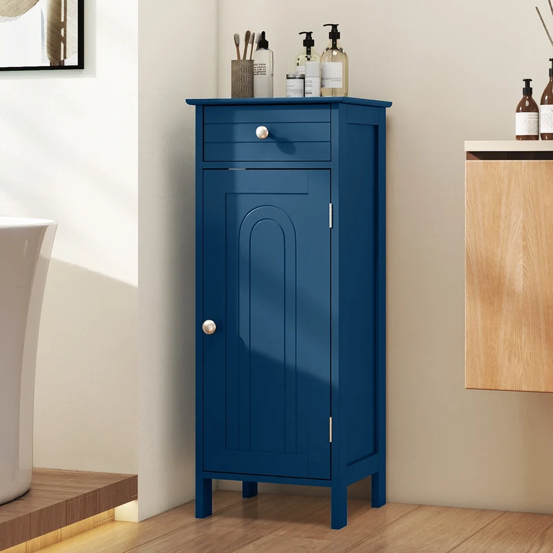 Wooden Storage Free-Standing Floor Cabinet with Drawer and Shelf, Blue