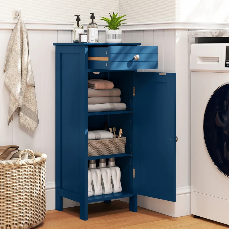 Wooden Storage Free-Standing Floor Cabinet with Drawer and Shelf, Blue