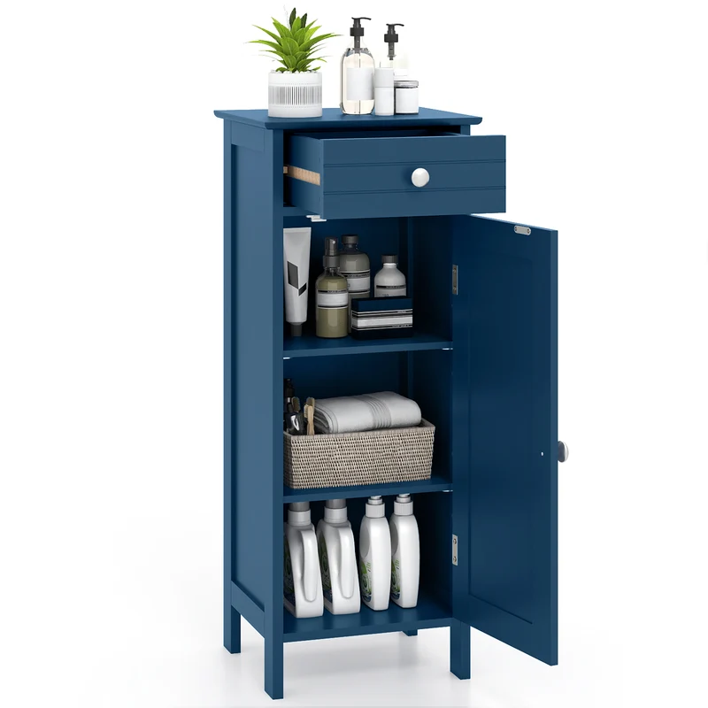 Wooden Storage Free-Standing Floor Cabinet with Drawer and Shelf, Blue