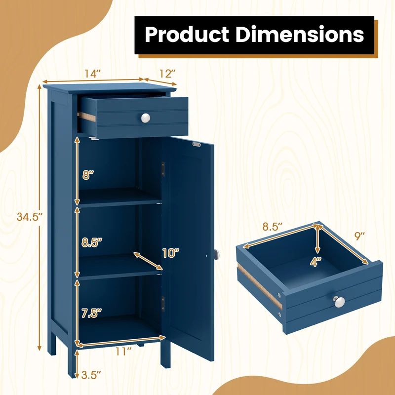 Wooden Storage Free-Standing Floor Cabinet with Drawer and Shelf, Blue