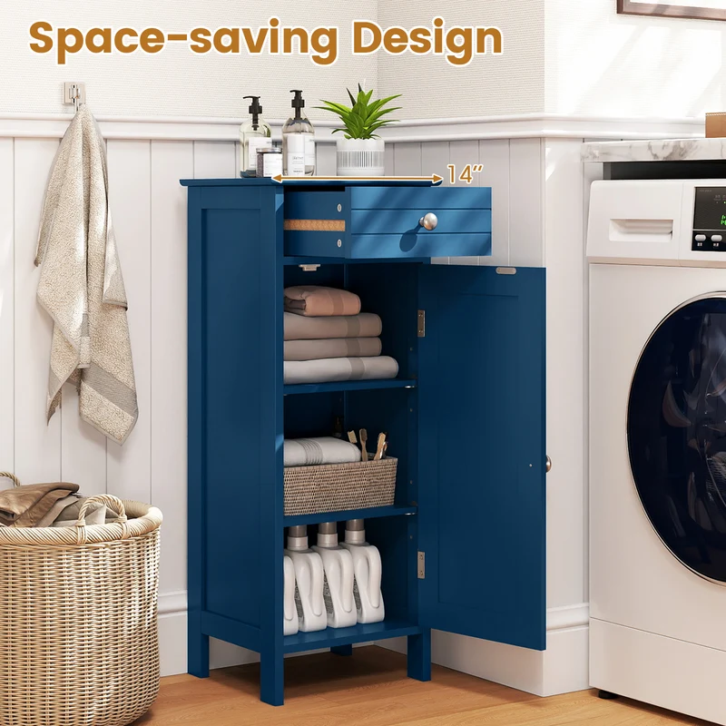Wooden Storage Free-Standing Floor Cabinet with Drawer and Shelf, Blue