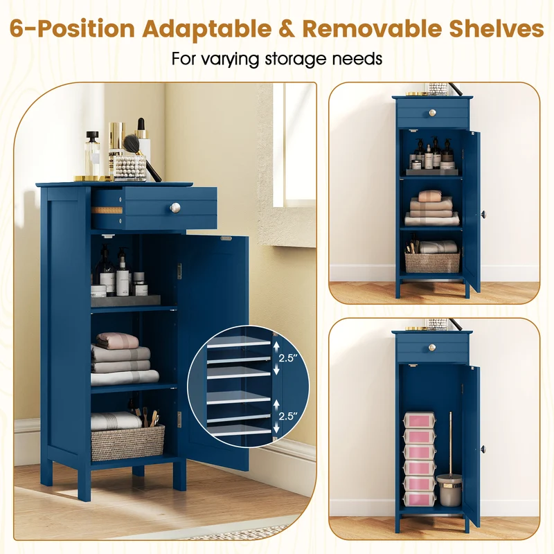 Wooden Storage Free-Standing Floor Cabinet with Drawer and Shelf, Blue