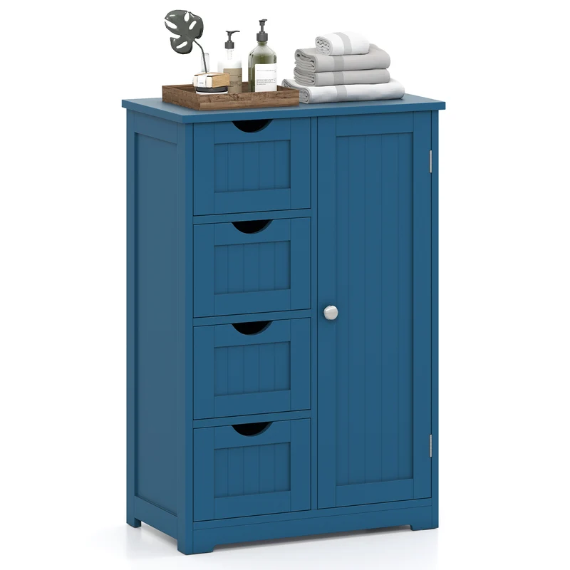 Free-Standing Wooden Cabinet with 4 Drawers and Door Cabinet, Blue
