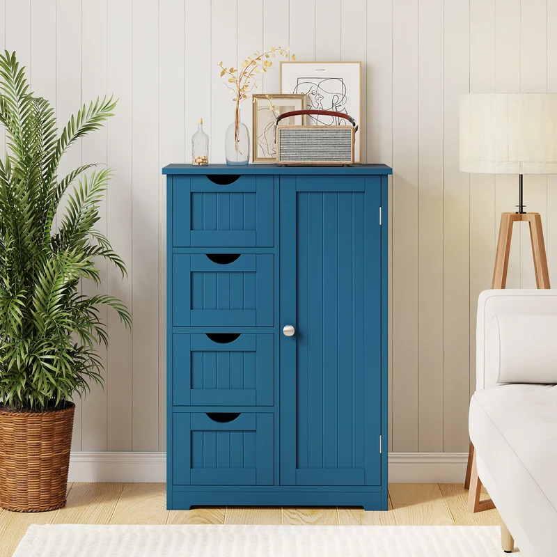 Free-Standing Wooden Cabinet with 4 Drawers and Door Cabinet, Blue