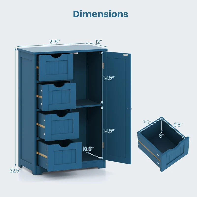 Free-Standing Wooden Cabinet with 4 Drawers and Door Cabinet, Blue