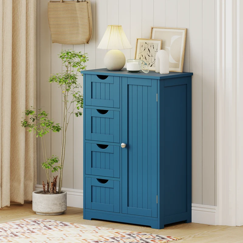 Free-Standing Wooden Cabinet with 4 Drawers and Door Cabinet, Blue