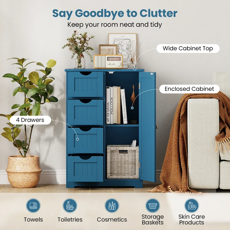 Free-Standing Wooden Cabinet with 4 Drawers and Door Cabinet, Blue