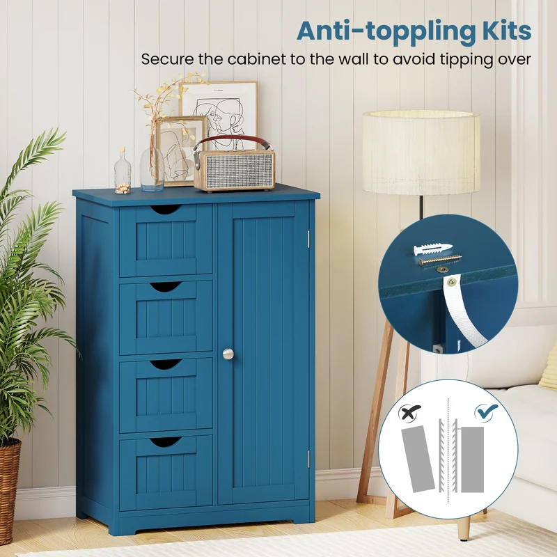 Free-Standing Wooden Cabinet with 4 Drawers and Door Cabinet, Blue