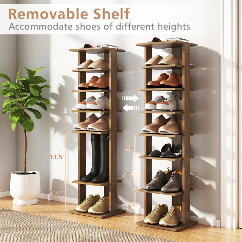 7-Tiers Vertical Wooden Space Saving Shoe Rack for Front Door, Natural