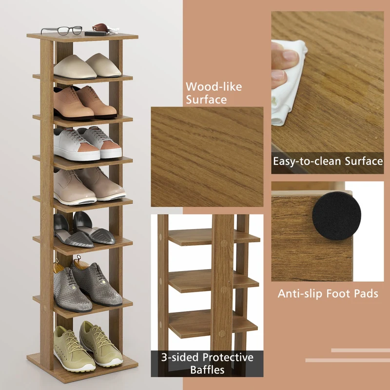 7-Tiers Vertical Wooden Space Saving Shoe Rack for Front Door, Natural