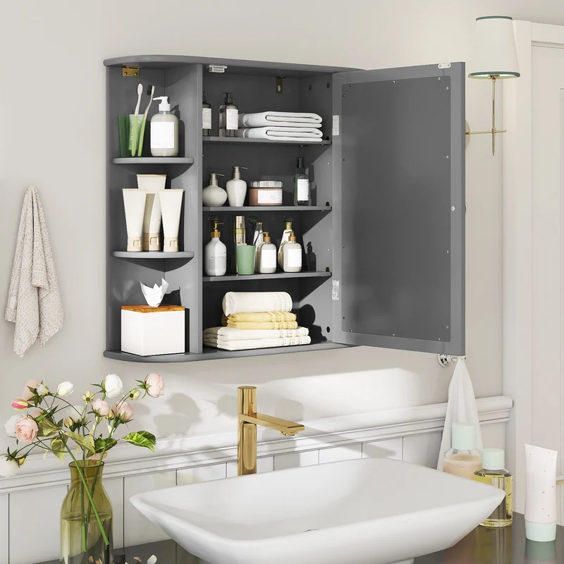 Multipurpose Wall Mount Storage Cabinet With Mirror, Gray