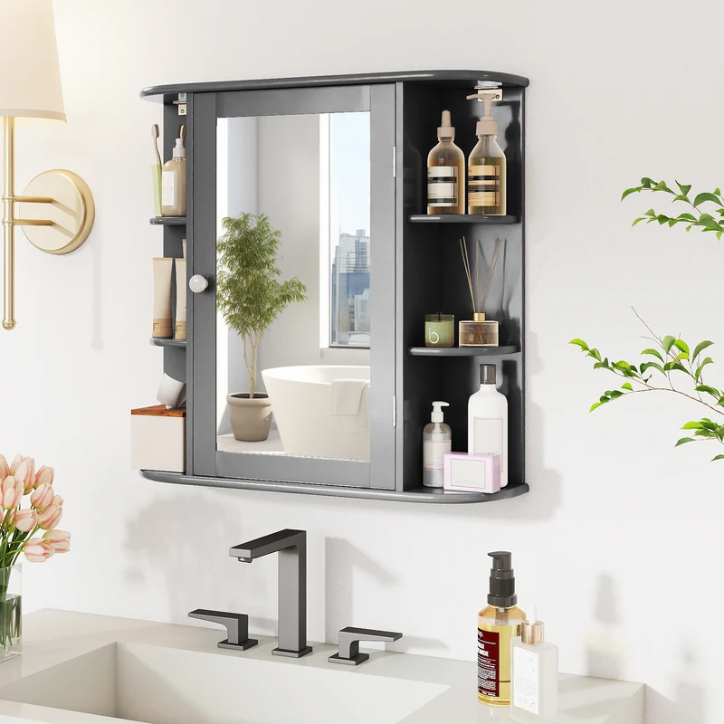 Multipurpose Wall Mount Storage Cabinet With Mirror, Gray