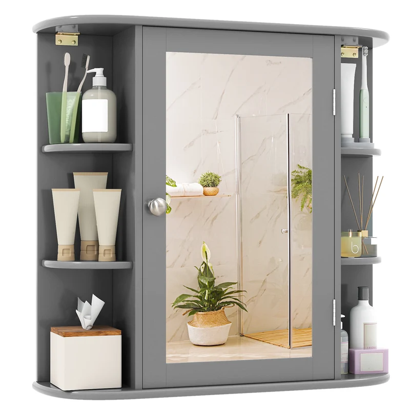 Multipurpose Wall Mount Storage Cabinet With Mirror, Gray