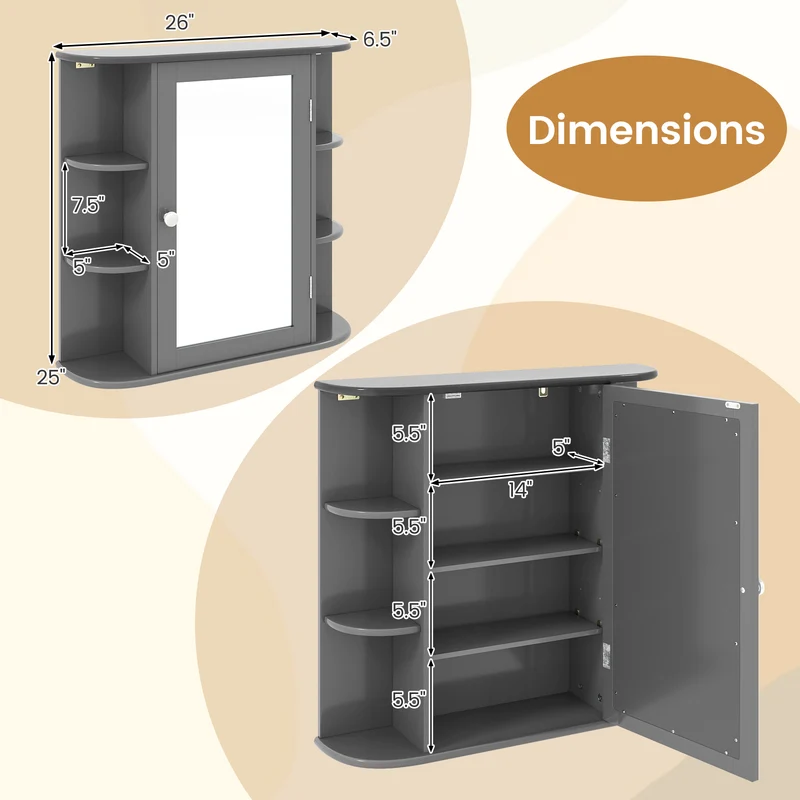 Multipurpose Wall Mount Storage Cabinet With Mirror, Gray