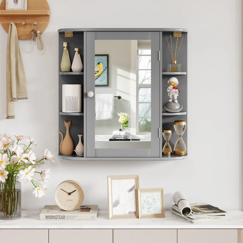 Multipurpose Wall Mount Storage Cabinet With Mirror, Gray