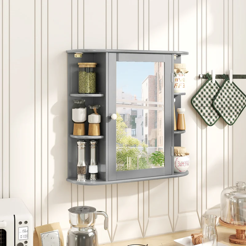 Multipurpose Wall Mount Storage Cabinet With Mirror, Gray