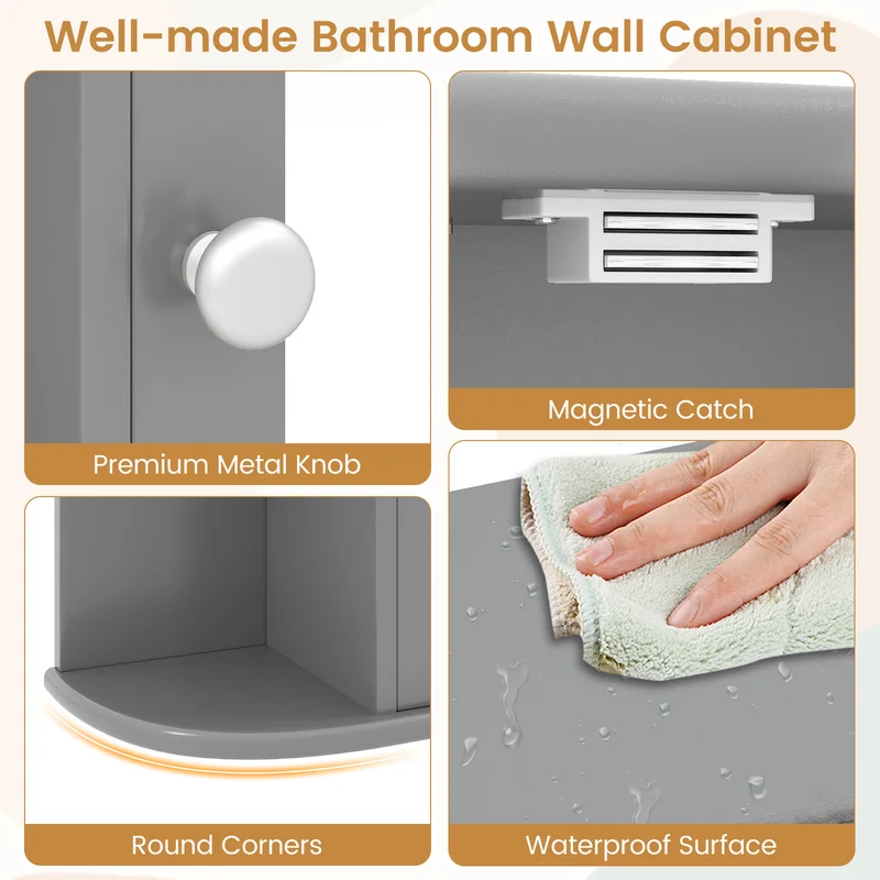 Multipurpose Wall Mount Storage Cabinet With Mirror, Gray