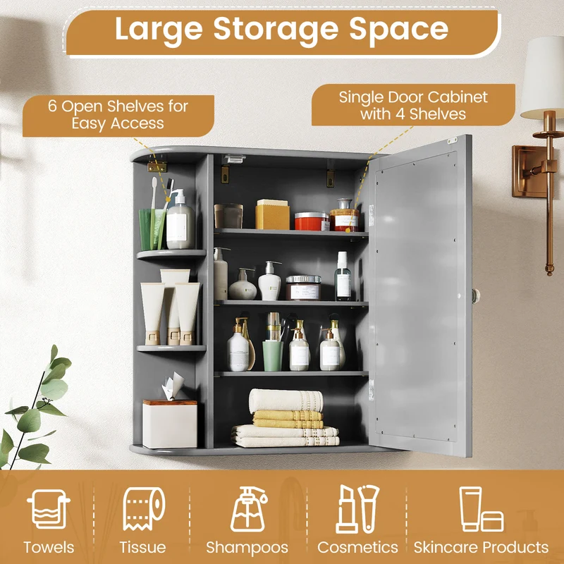 Multipurpose Wall Mount Storage Cabinet With Mirror, Gray