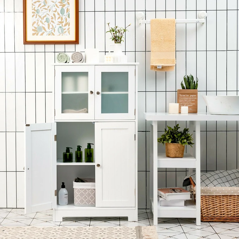 Bathroom Floor Storage Cabinet With Doors, Adjustable Shelf, White