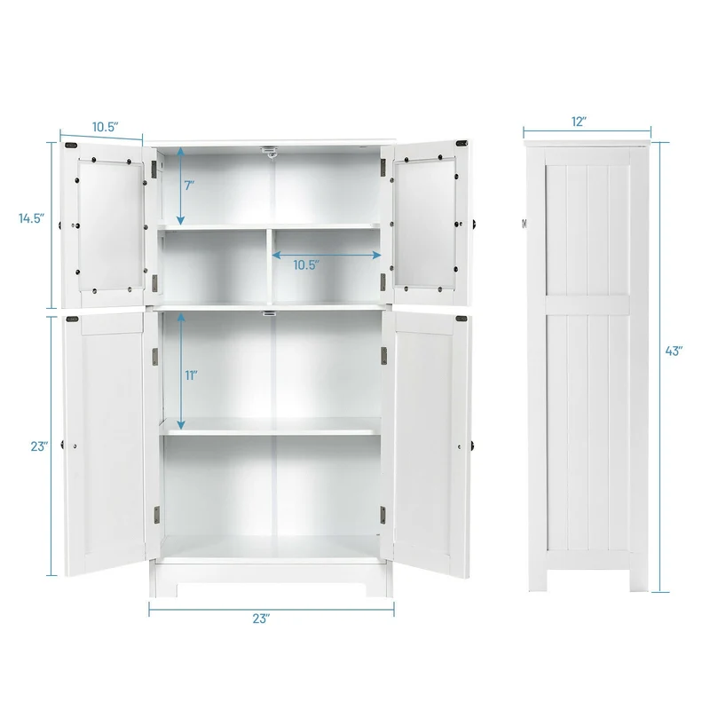 Bathroom Floor Storage Cabinet With Doors, Adjustable Shelf, White