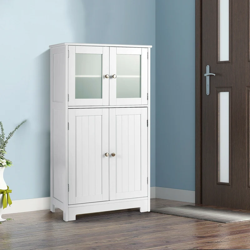 Bathroom Floor Storage Cabinet With Doors, Adjustable Shelf, White