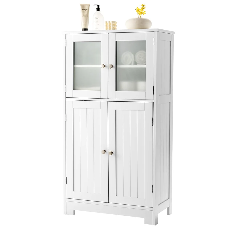 Bathroom Floor Storage Cabinet With Doors, Adjustable Shelf, White