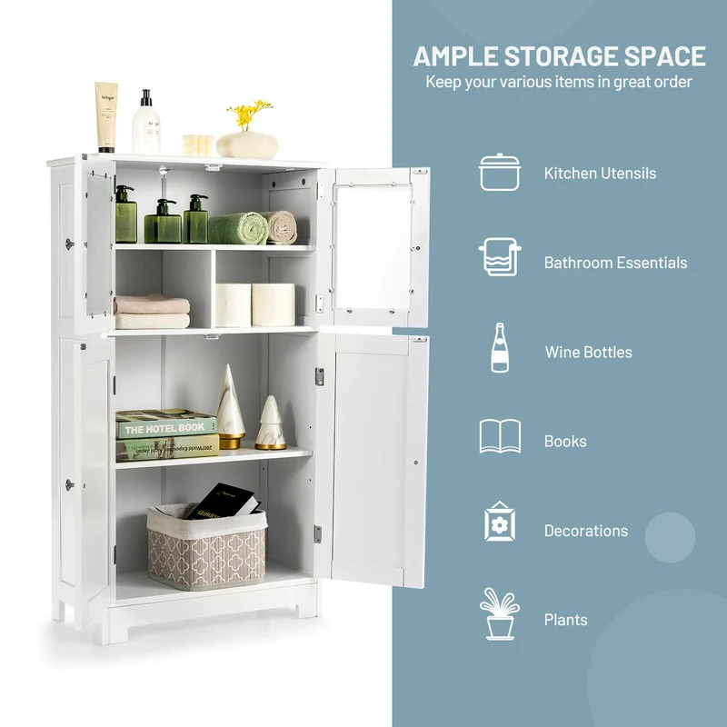 Bathroom Floor Storage Cabinet With Doors, Adjustable Shelf, White