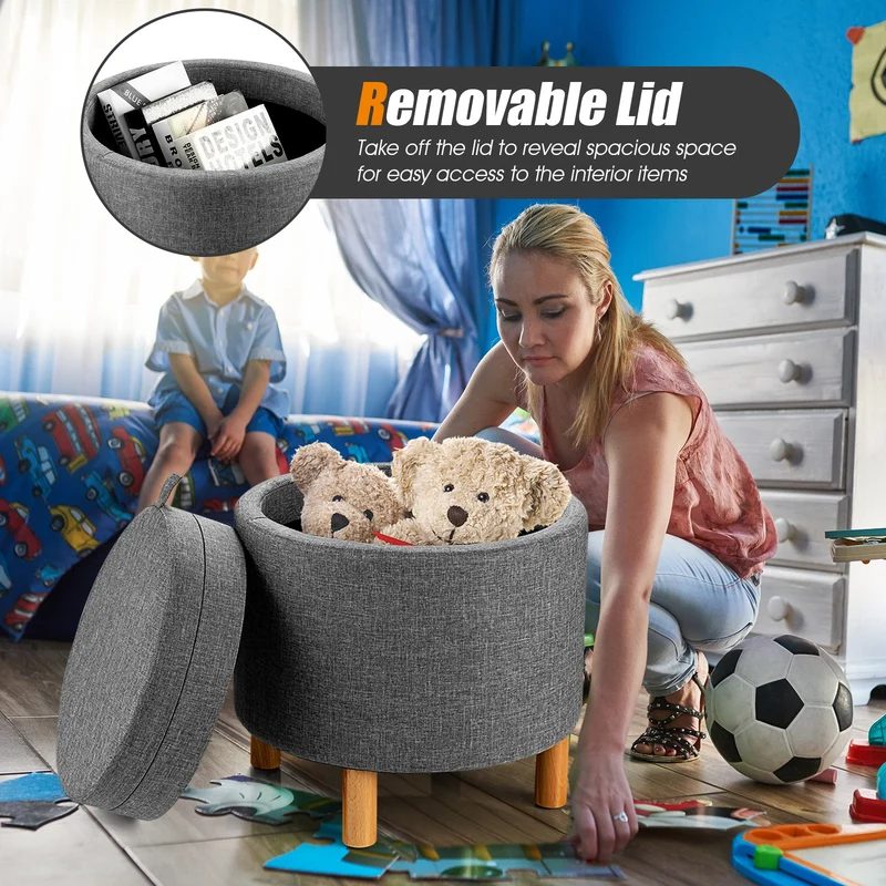 Round Fabric Storage Ottoman With Tray, Non-Slip Pads, Gray