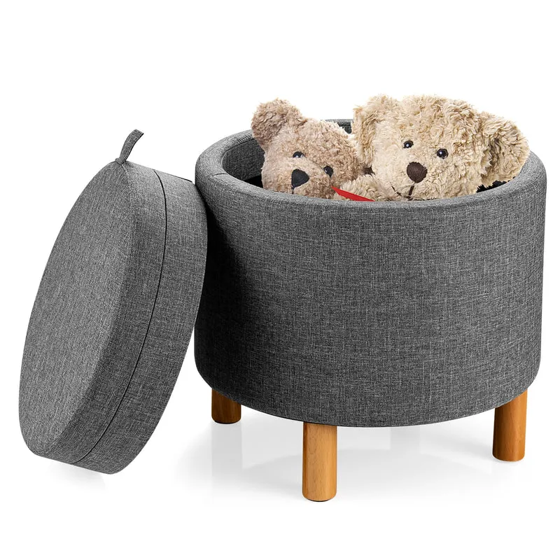 Round Fabric Storage Ottoman With Tray, Non-Slip Pads, Gray