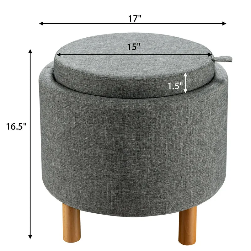 Round Fabric Storage Ottoman With Tray, Non-Slip Pads, Gray