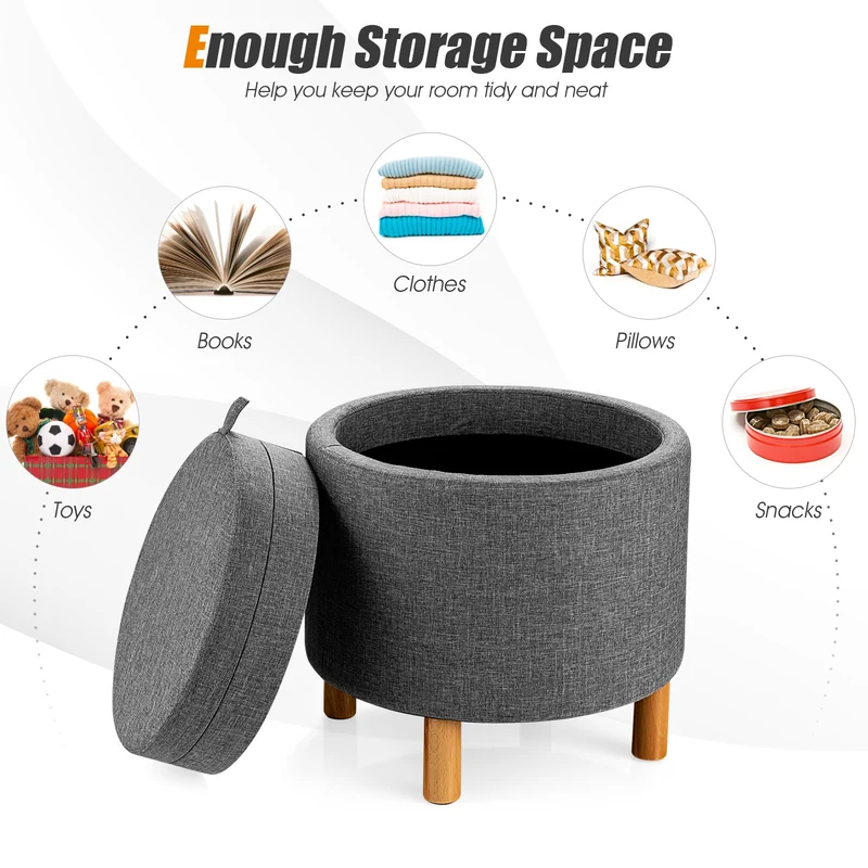 Round Fabric Storage Ottoman With Tray, Non-Slip Pads, Gray