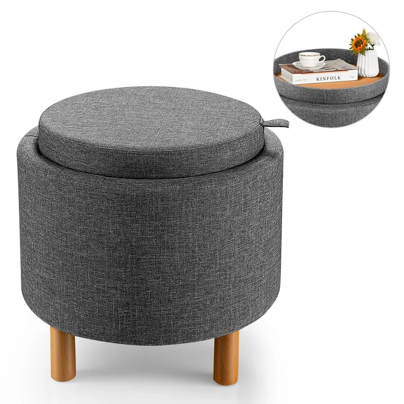 Round Fabric Storage Ottoman With Tray, Non-Slip Pads, Gray