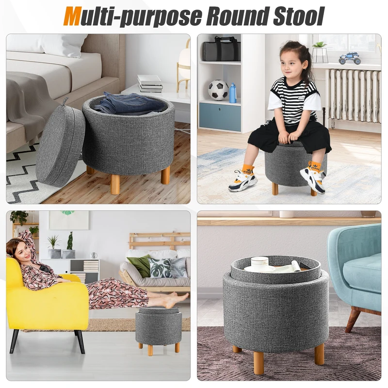 Round Fabric Storage Ottoman With Tray, Non-Slip Pads, Gray