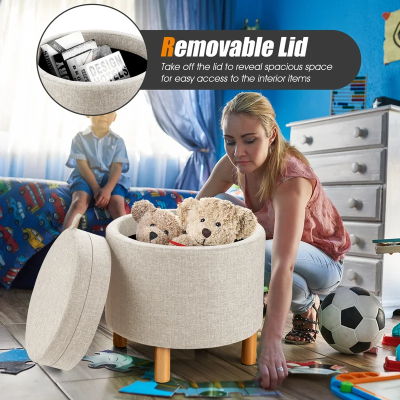 Round Fabric Storage Ottoman With Tray, Non-Slip Pads, Beige
