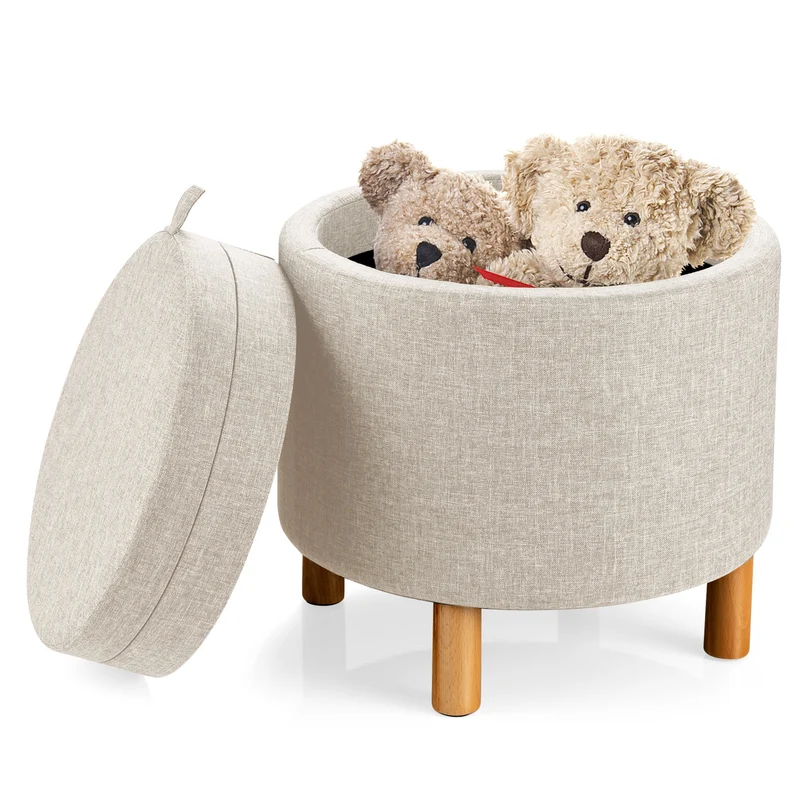 Round Fabric Storage Ottoman With Tray, Non-Slip Pads, Beige