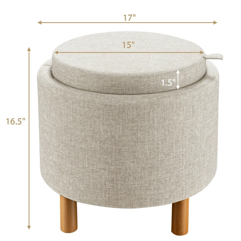 Round Fabric Storage Ottoman With Tray, Non-Slip Pads, Beige