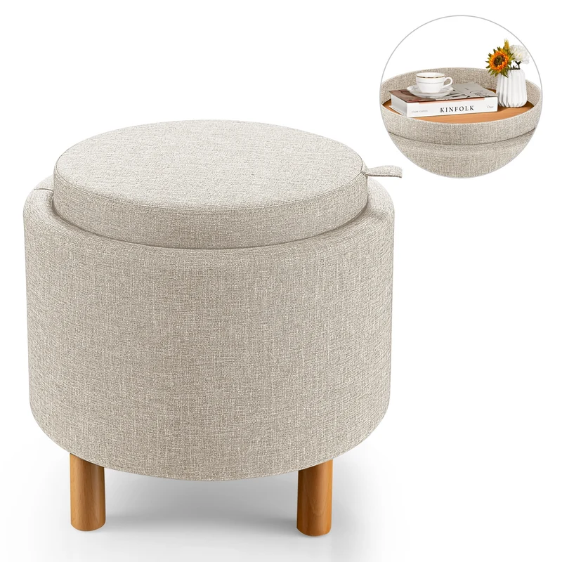 Round Fabric Storage Ottoman With Tray, Non-Slip Pads, Beige