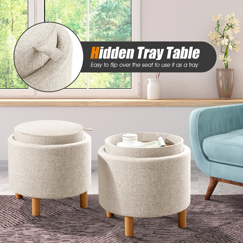 Round Fabric Storage Ottoman With Tray, Non-Slip Pads, Beige