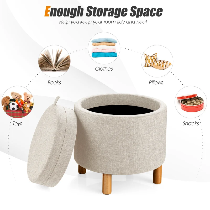 Round Fabric Storage Ottoman With Tray, Non-Slip Pads, Beige